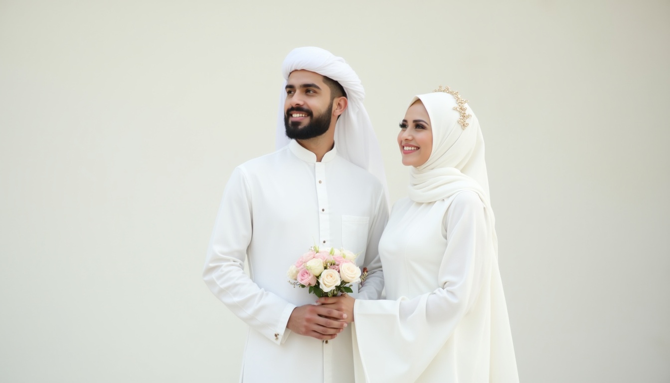 Muslim jora traditional white dress mein candid style mein — Islami nikah aur shadi ka natural lamha<br />
