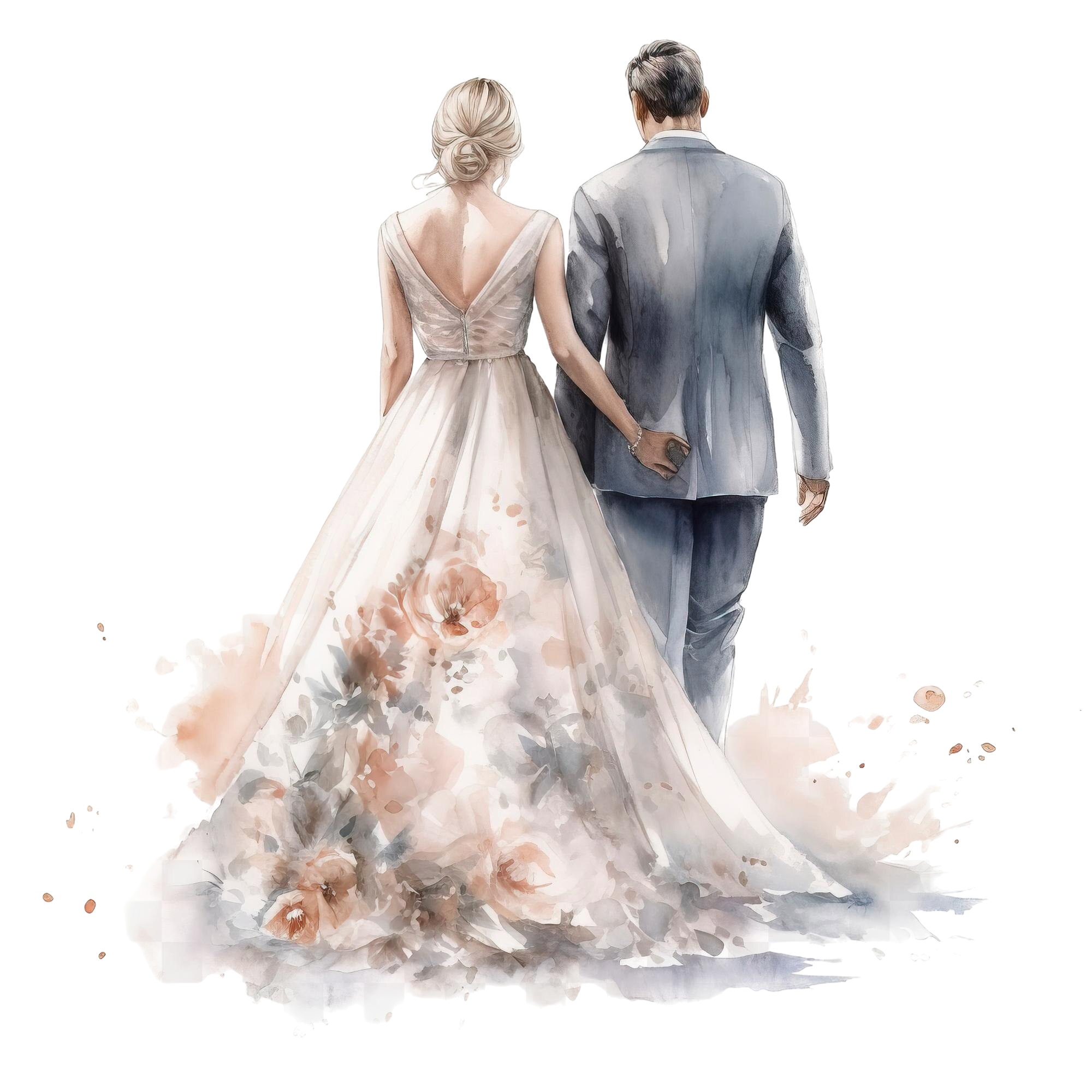 Aik watercolor style mein bride aur groom ki romantic tasveer — Islami shadi ke liye artistic aur elegant theme<br />
